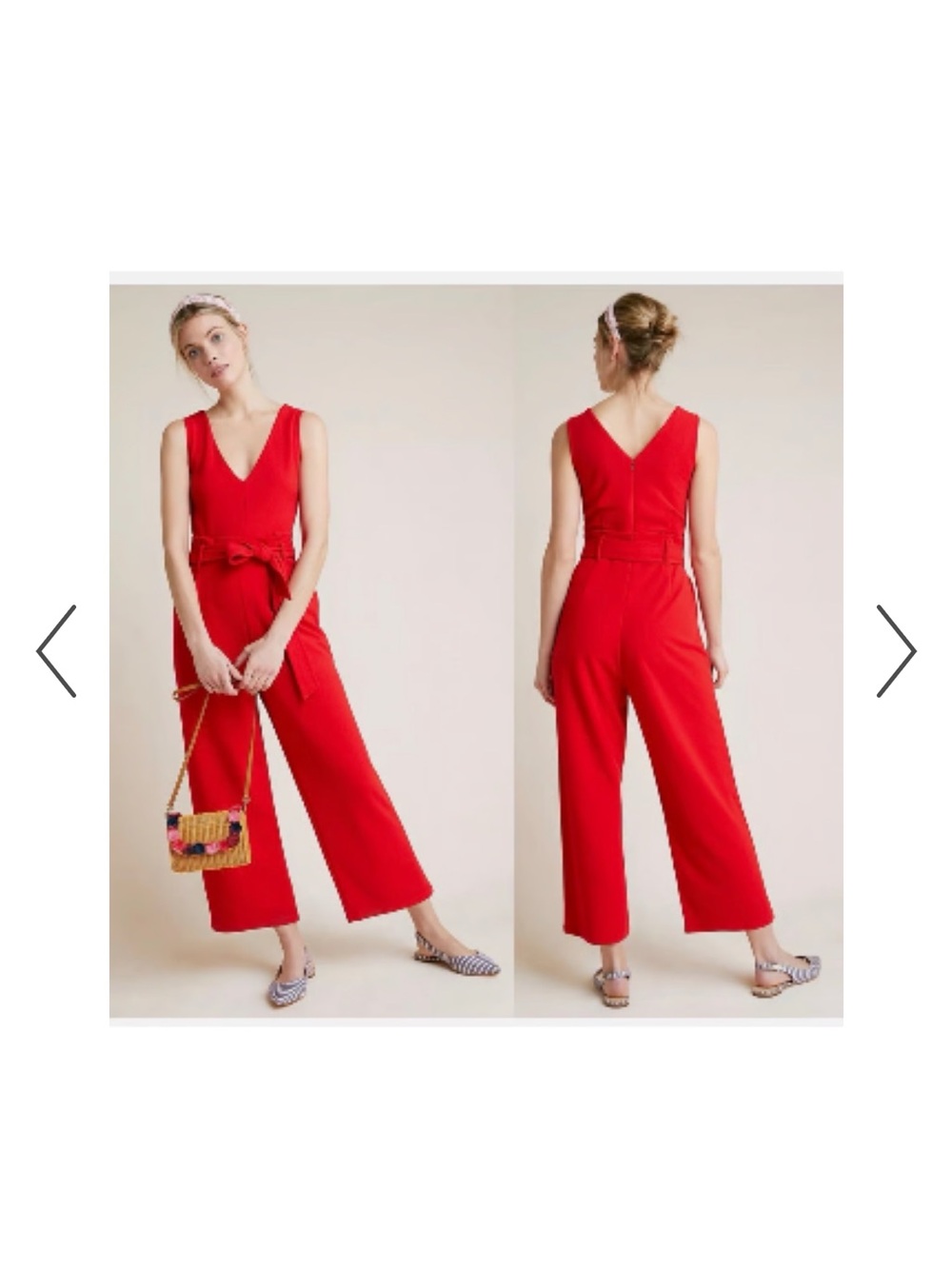 Anthropologie Red V-Neck Sleeveless Wide-Leg Jumpsuit